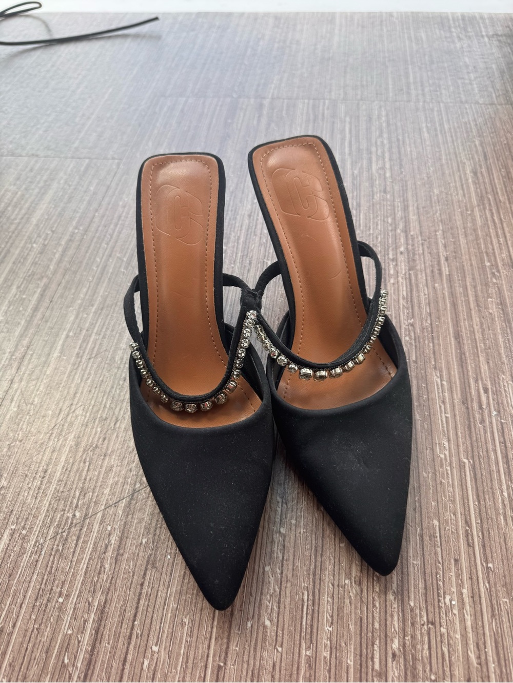 Black Pointed Toe Slip-On Heels with Crystal Strap